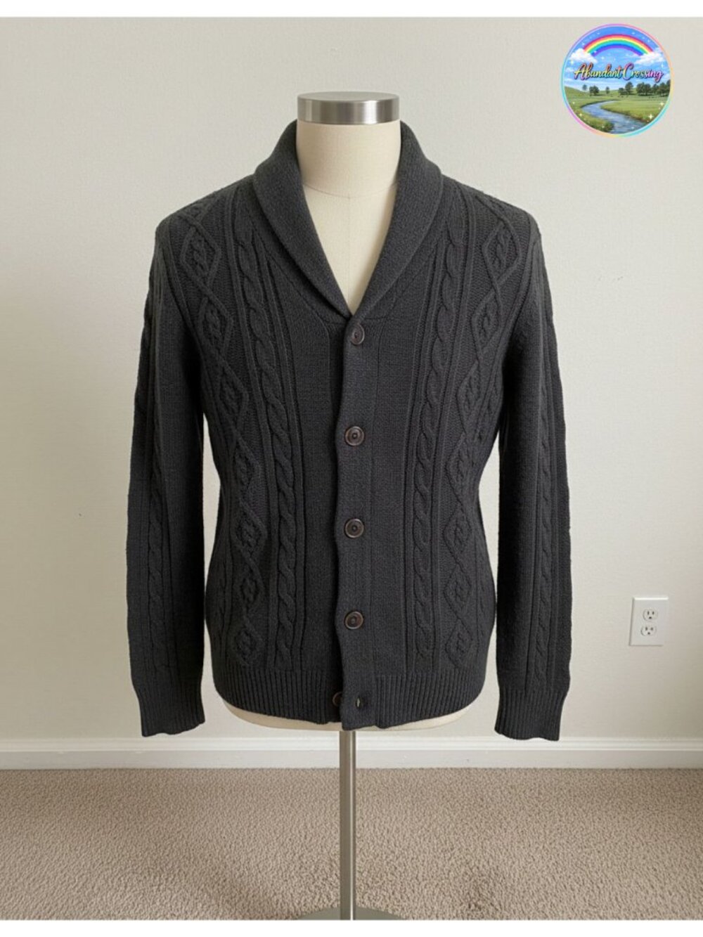 Wool Blend Cardigan Sweater Cable Knit Shawl Collar Button Up
